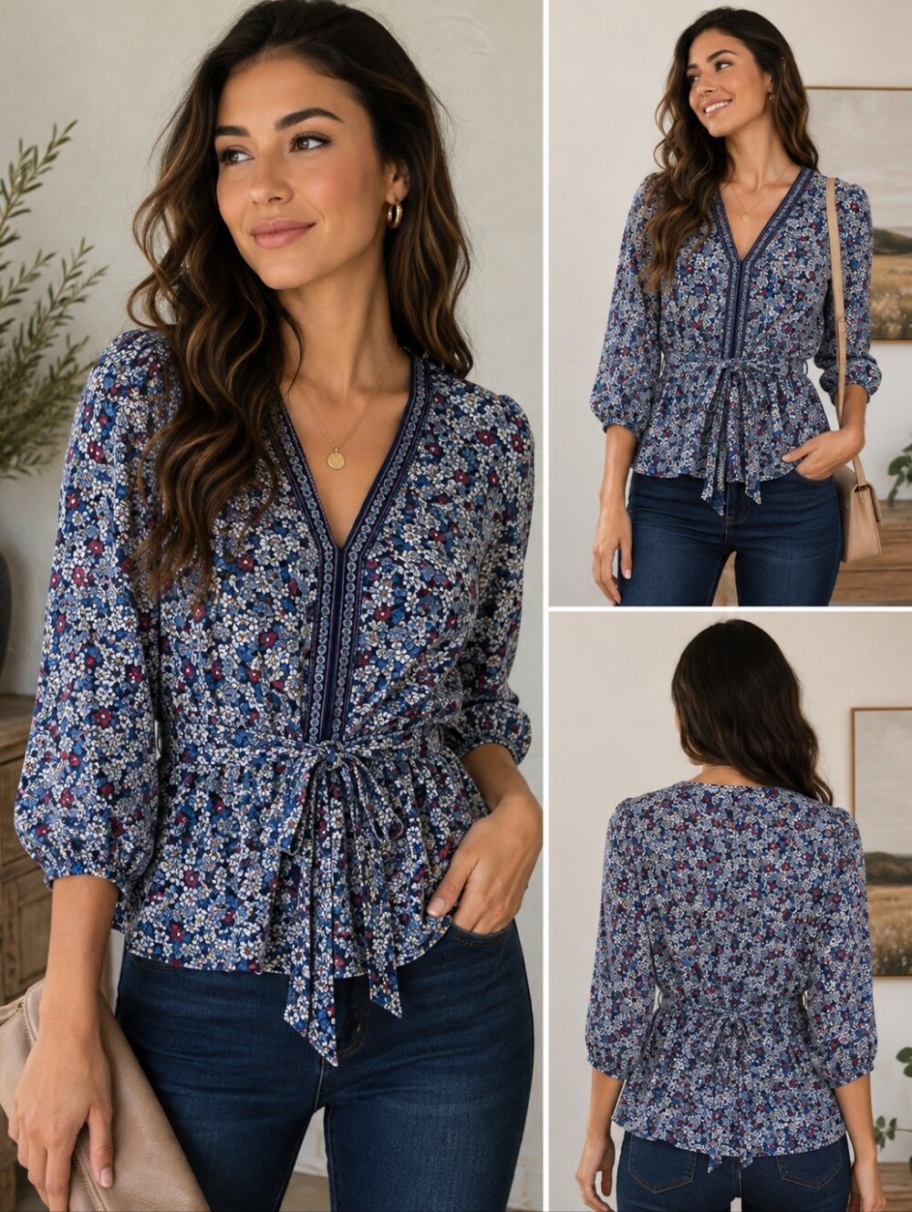 Max Studio Floral Tie Front Peplum Blouse Blue Purple 3/4 Sleeve Size L